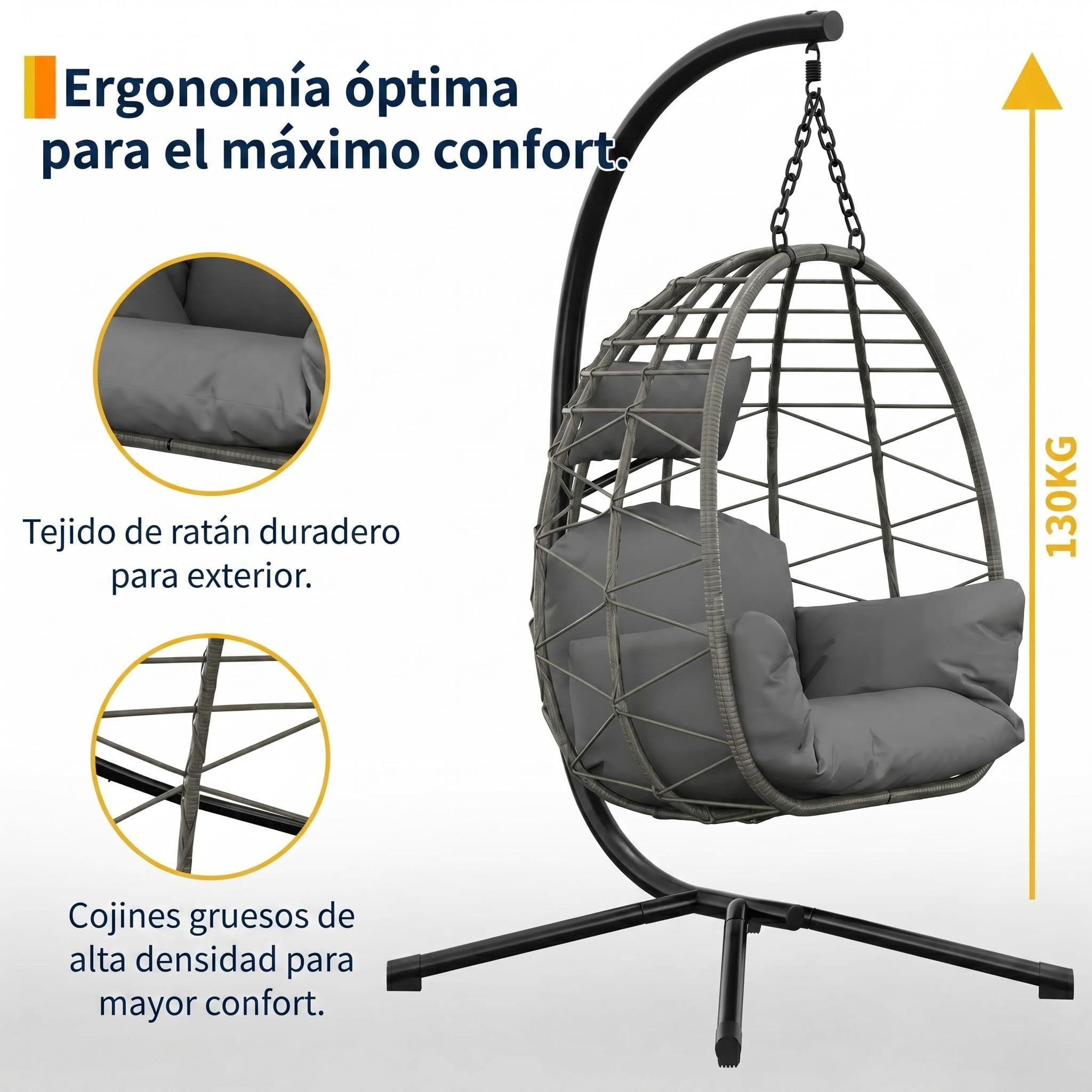 Litake Silla Colgante para Exterior y Jardín - Estructura Completamente Metálica - Silla Huevo con Soporte, Soporta hasta 150 kg - con Cojines Cómodos, Ideal para Jardín, Balcón y Patio, Gris