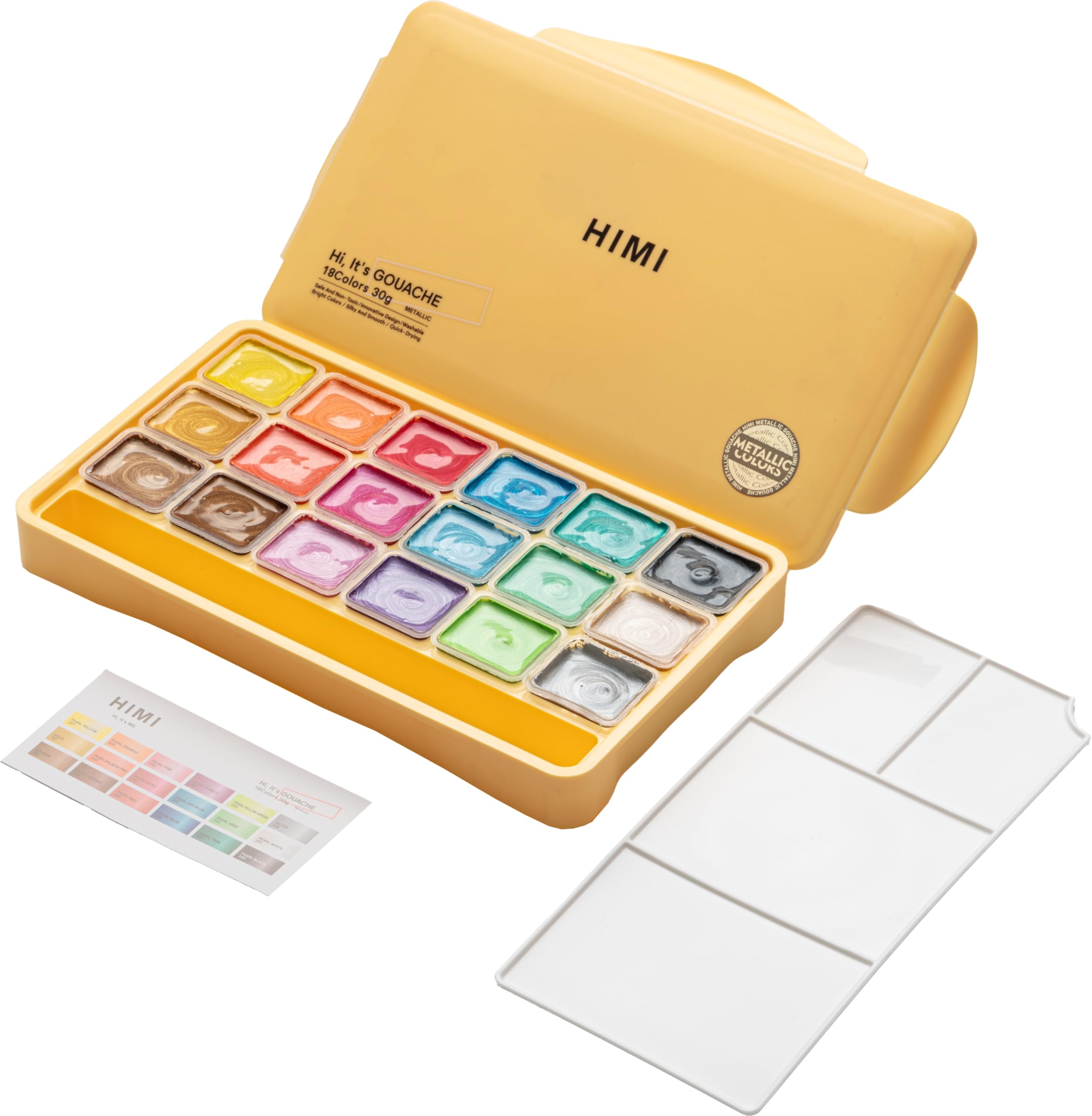 HIMI Jelly Cup Gouache Set di 18 colori di vernice, 3 pennelli, tavolozza di vernice, custodia gialla metallica, aggiungere acqua per riattivare, liscia, colori ricchi, regalo, forniture artistiche