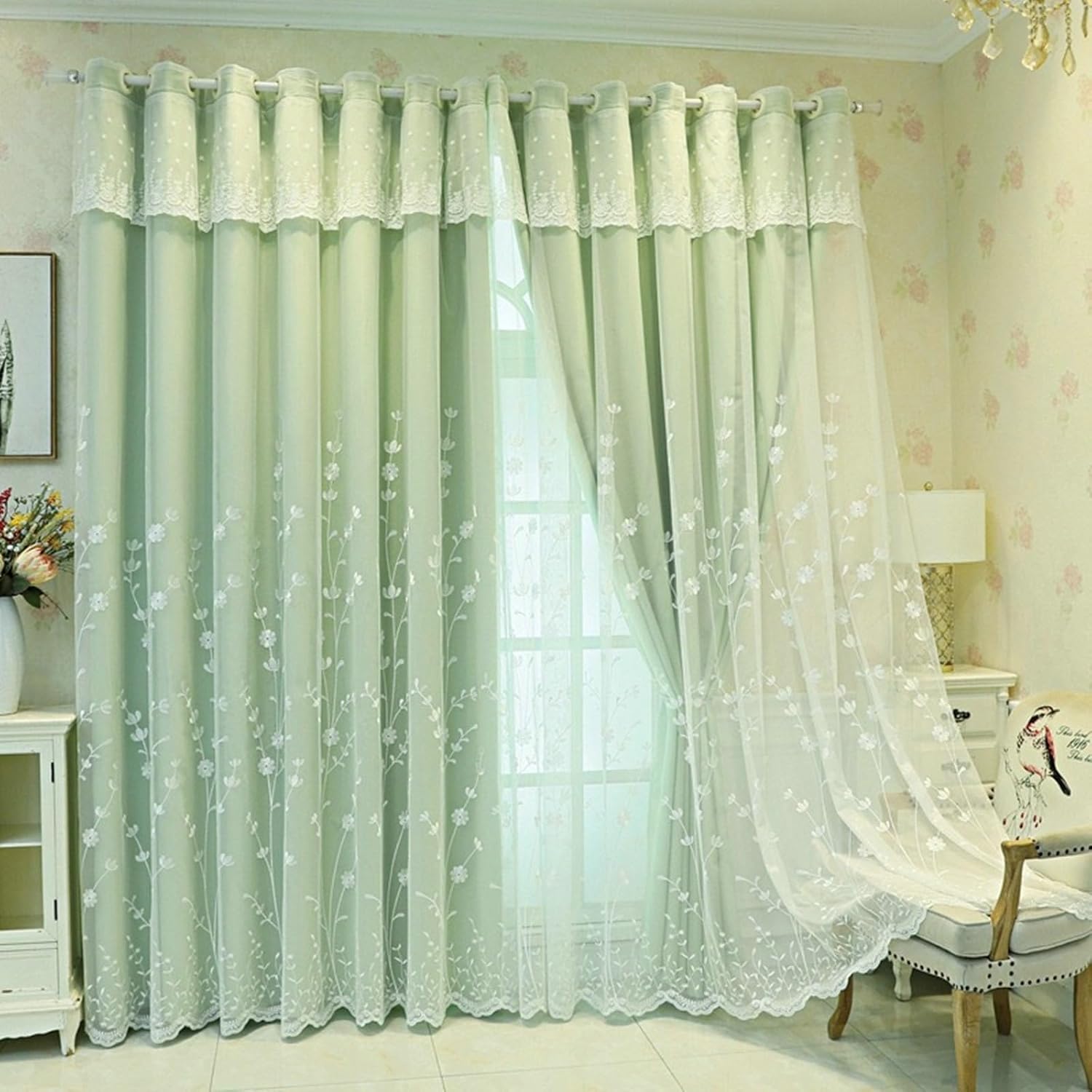 Blackout Curtains 2 Panel Set 63 inch Long, Blackout Curtains Eyelets Double Layer Embroidered Flowers Window Treatment Curtain for Bedroom Living Room Light Green, 42 x 63 Inch