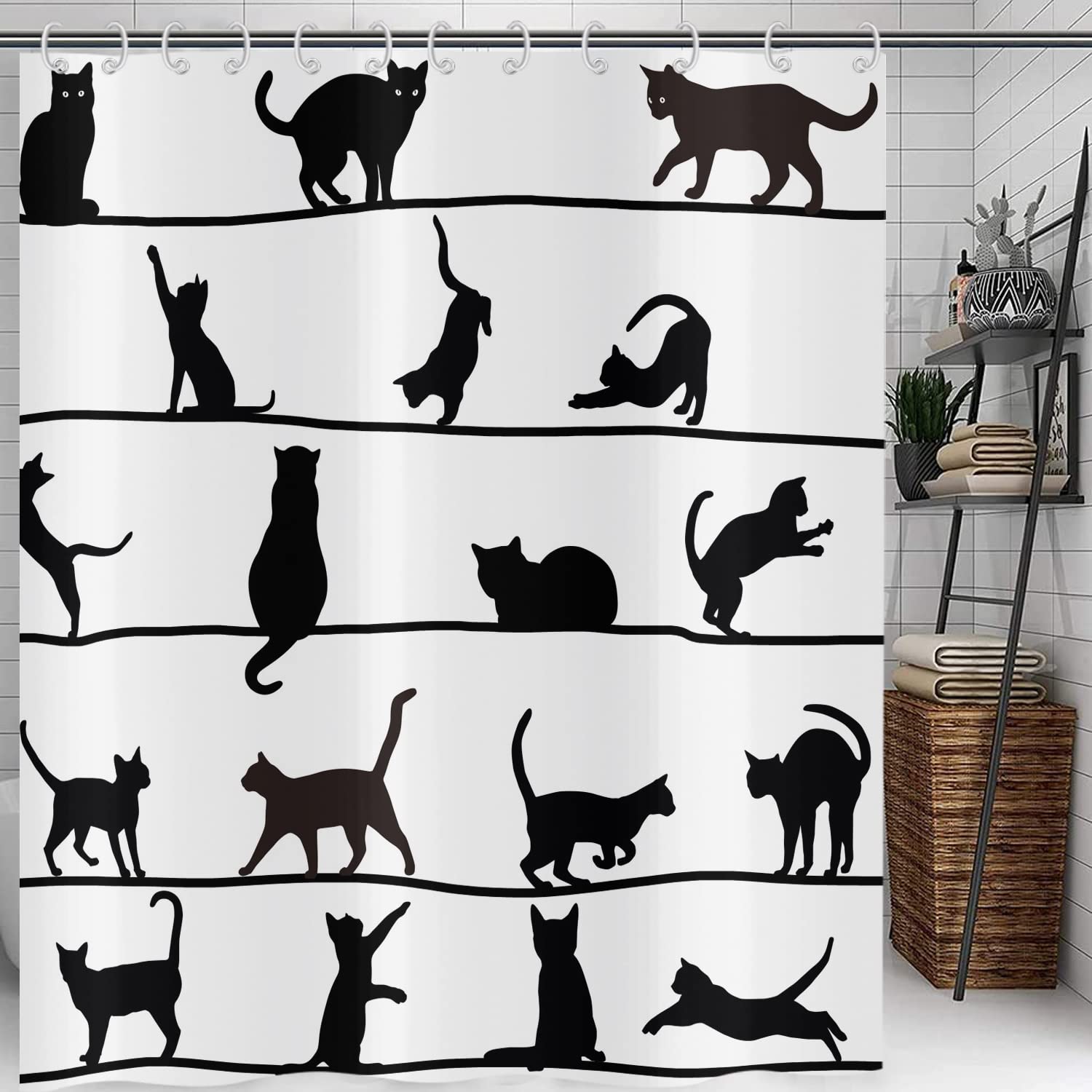 Hnmdmyi Funny Cat Shower Curtain 180x200, Black Kitten Silhouette Bathroom Curtains Kids Cute Cartoon Animal Black and White Minimalism Art Waterproof Polyester Fabric Bath Curtains with Hooks