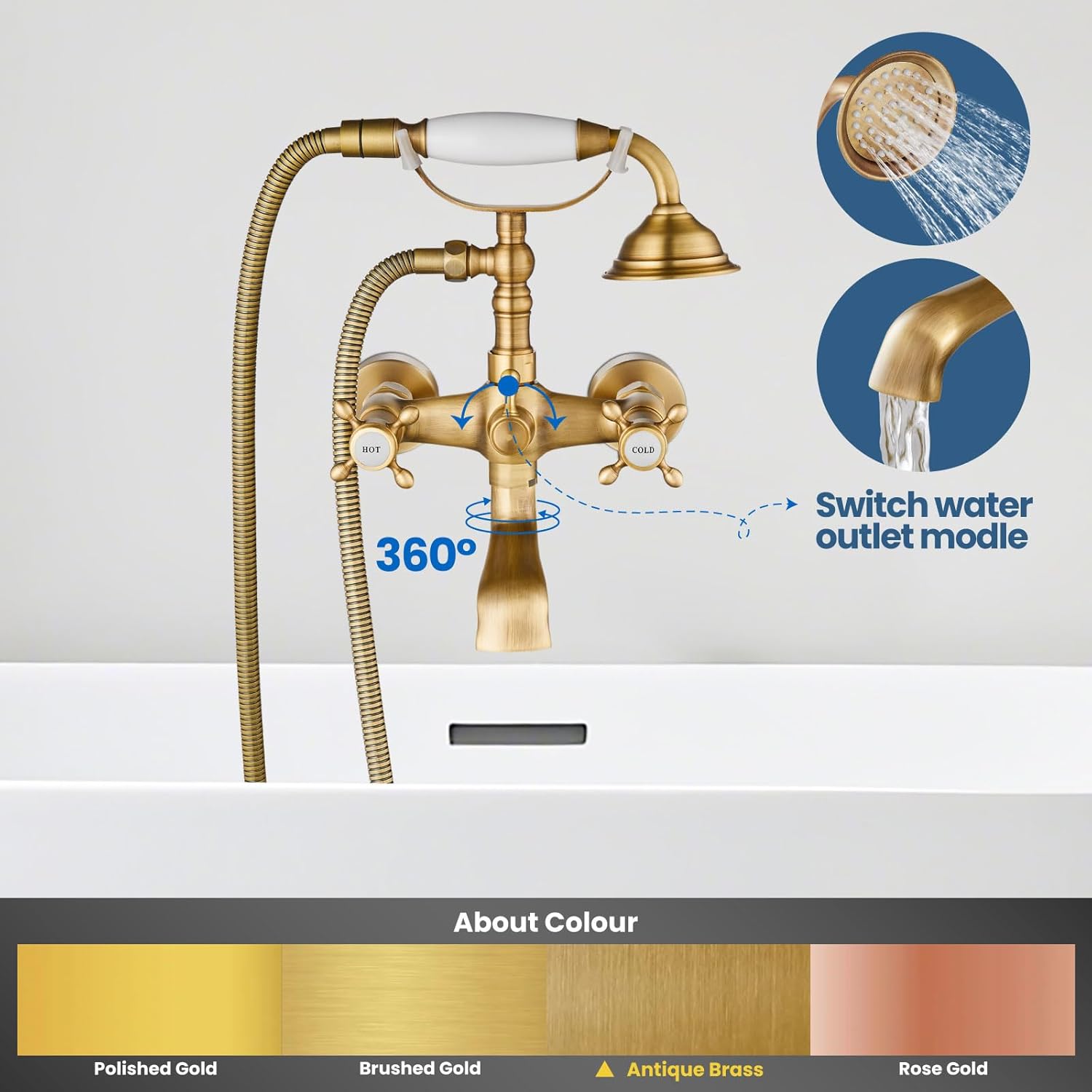 Airuida Wall Mount Bathtub Faucet with Telephone Handheld Sprayer, Double Hot and Cold Mixer, Cross Handles,Vintage Victorian Style Tub Filler Set Antique Brass
