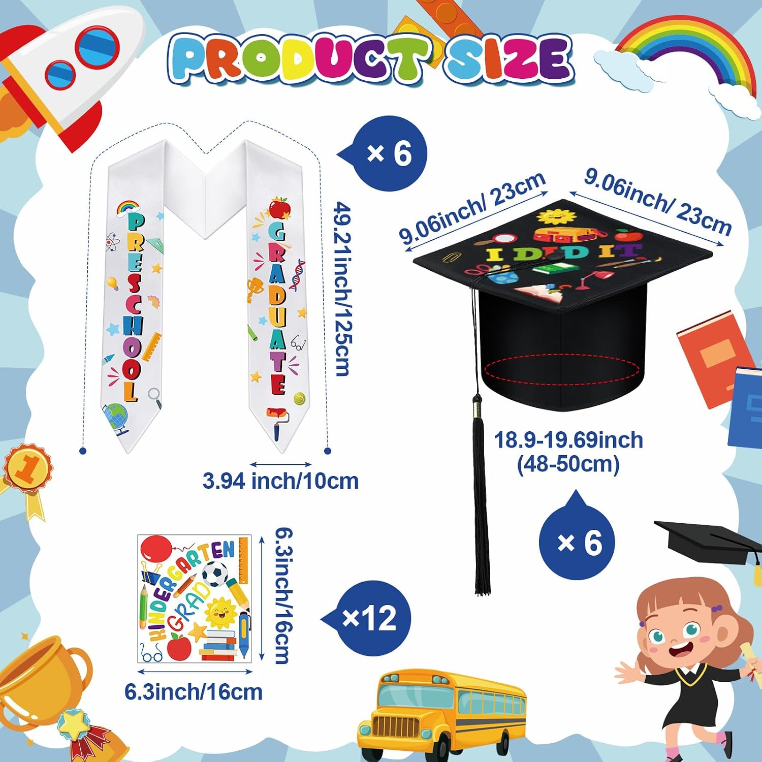 JaGely 24 Pcs 2026 DIY Preschool Graduation Cap and Stole with Stickers Adjustable Elastic Unisex Graduate Hat with Tassel Next Stop Kindergarten Graduation Hat for Kids Boys and Girls Grad Gift