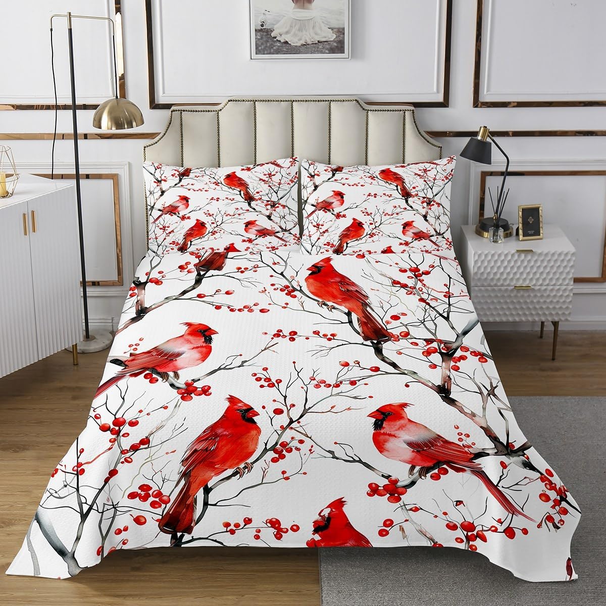 Erosebridal Cardinal Coverlet Set Twin Size Red Bird Bedspread for Kids Men Women Natural Safari Branches Rustic White Quilted Coverlet Soft Luxury Quilted