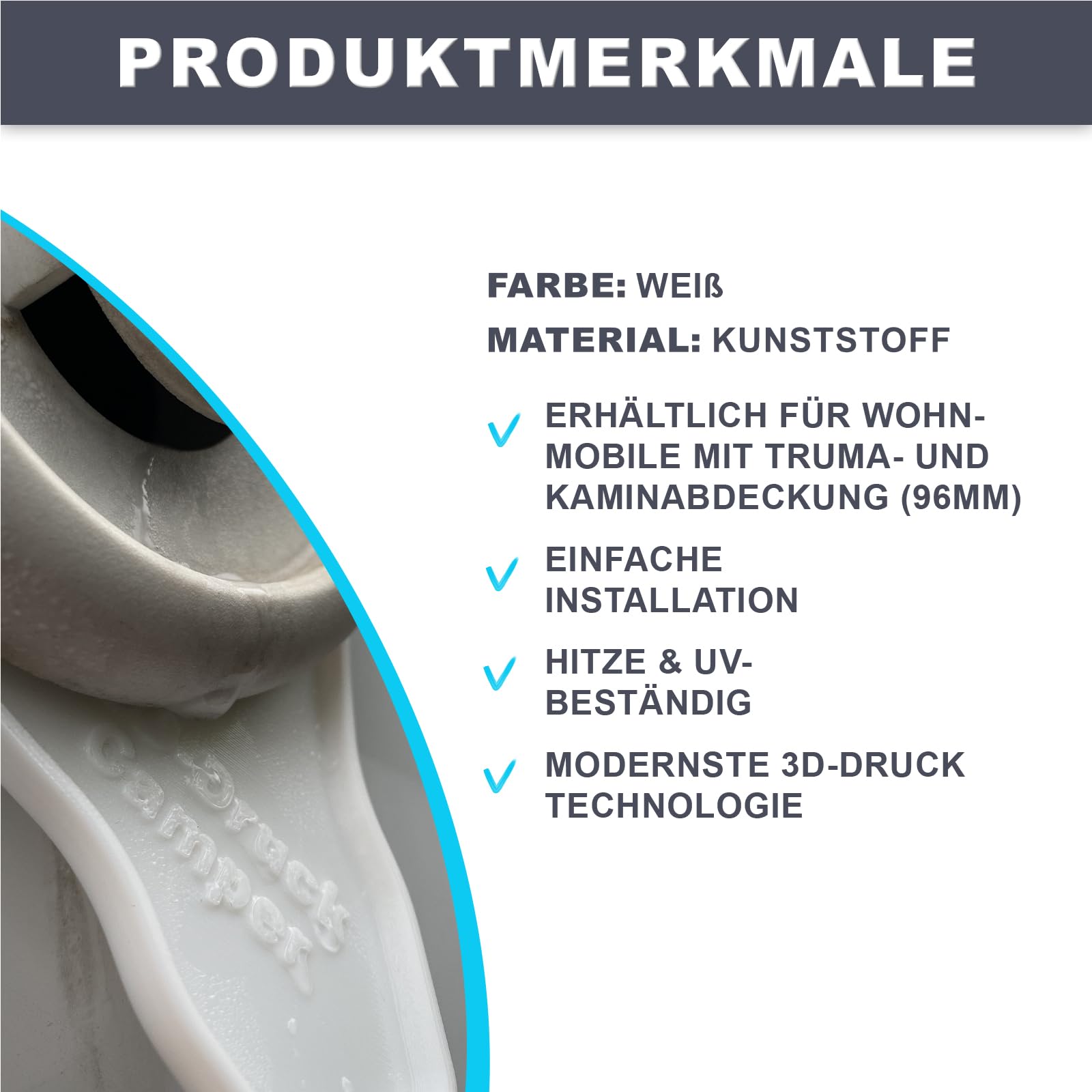 3D-Druck Camper Déflecteur de condensation flexible pour camping-car, compatible avec les couvercles Truma et toutes les couvertures de cheminée avec un espacement des trous de 96 mm (blanc)