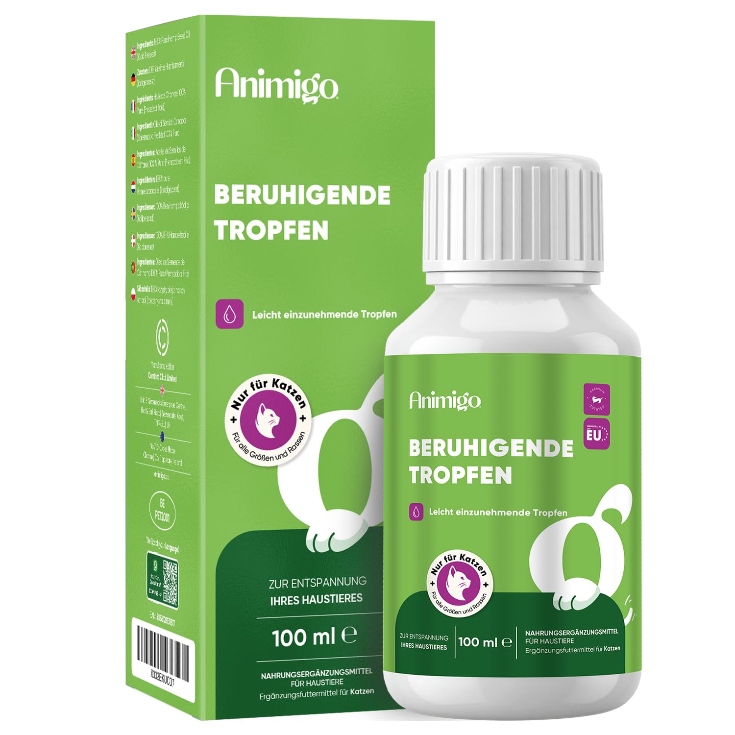 animigo Beruhigungsmittel für Katzen - 100 ml Entspannung Tropfen mit Zink, L-Tryptophan, Vitamin B3, B6, D3 & E - Bei Feuerwerk, Gewitter, Angst, Nervosität