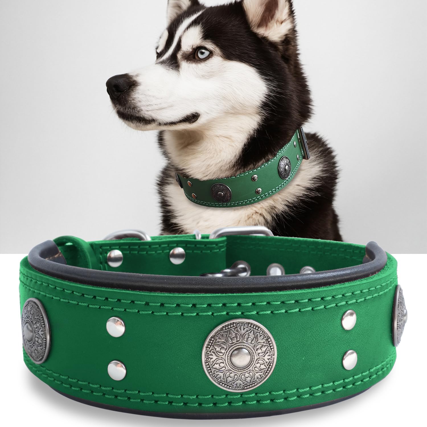 Leather Dog Collar, 2 inches Wide Heavy Duty Genuine Leather Collars, Handmade, Soft, and Luxury, Eye-catching Best Choice for Large and Medium Breed Dogs, Green 18.5-22.5 in