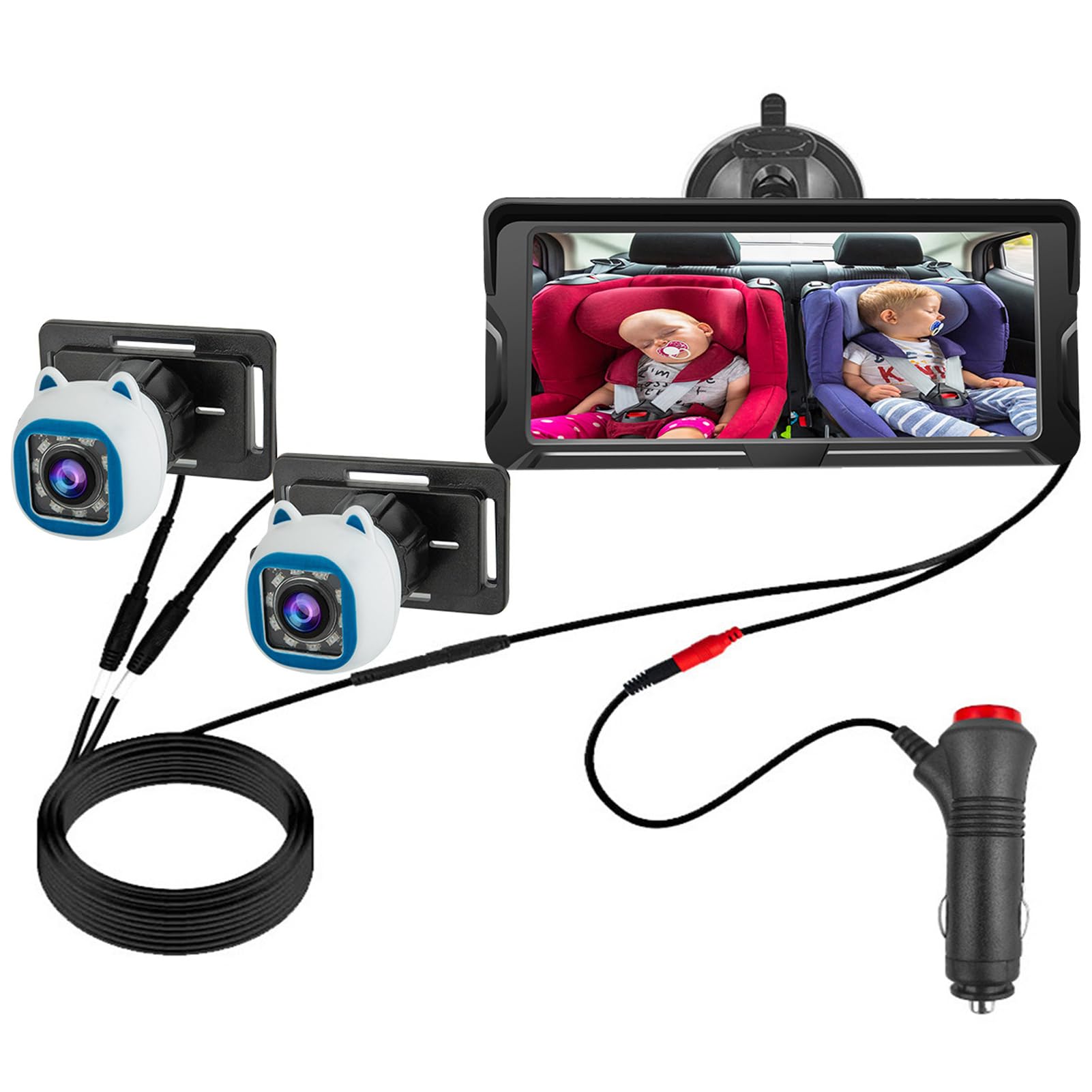 Shkalacar Cámara Bebé Asiento Trasero HD 1080P Doble Canal, Espejo Retrovisor Bebé Coche Pantalla 6,86'' Monitores de con visión Nocturna por Infrarrojos y ángulo de visión