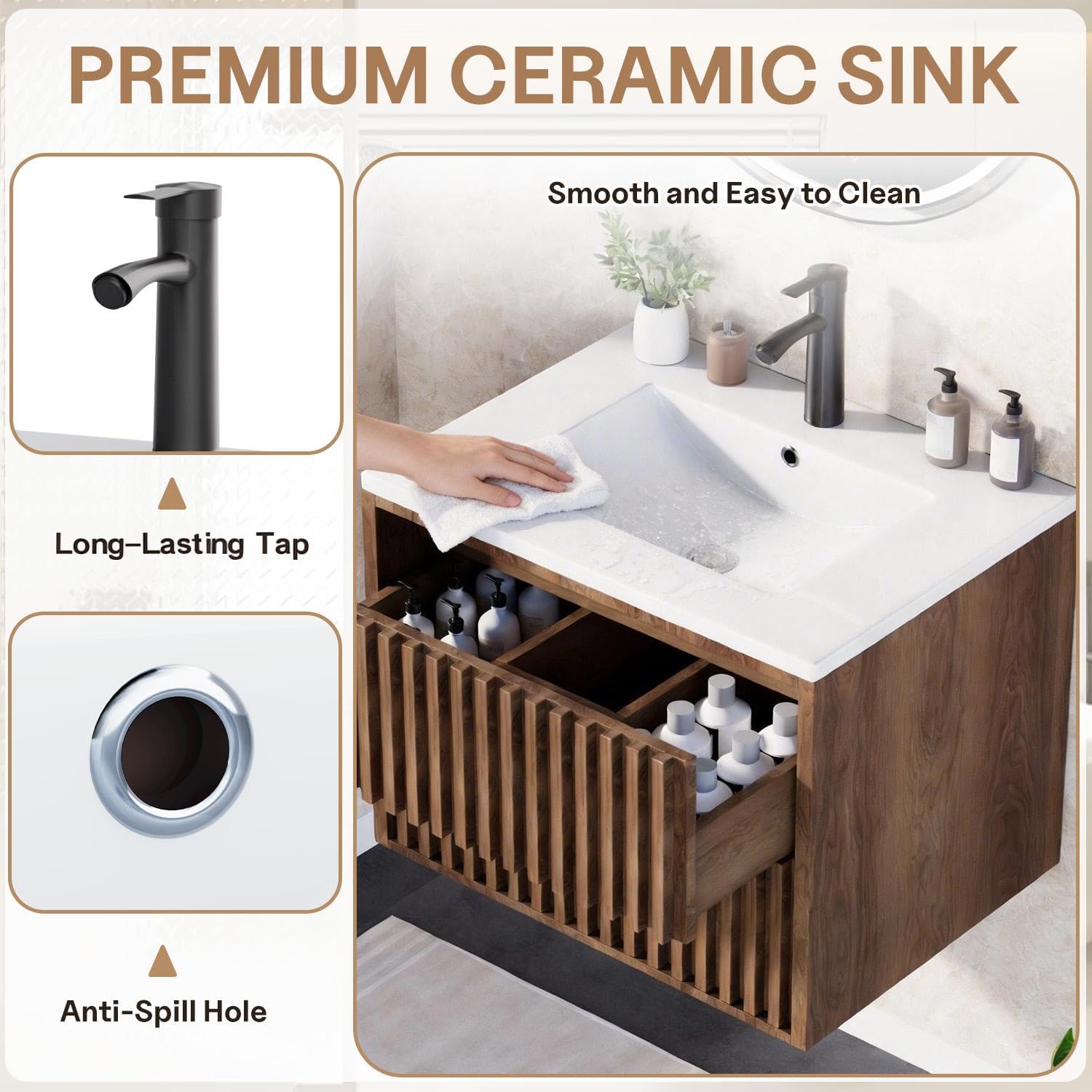 EROMMY 24 Inch Bathroom Vanity with Sink Combo, Floating Vanity with 2 Fluted Drawers, Silent Slides, Floating Wall Mounted Bathroom Cabinet Includes Hardware, Walnut