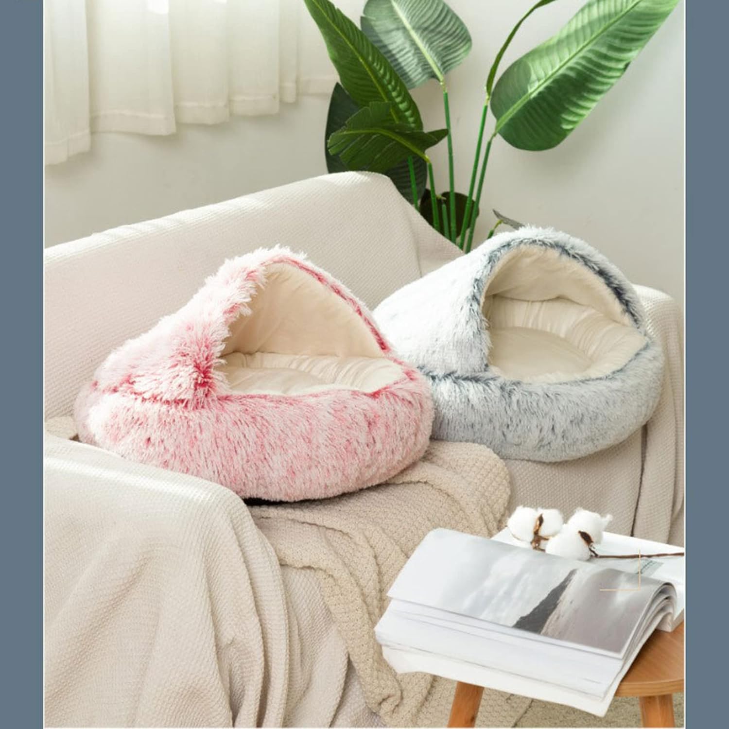 Calming Cat Bed 2 in 1 Soft Pet Cosy Bed for Indoor Cats or Small Dogs Sleeping Cushion Bed Puppy Kitten Plush Pet Beds Anxiety Relief Fluffy Dog Bed,50cm,Pink