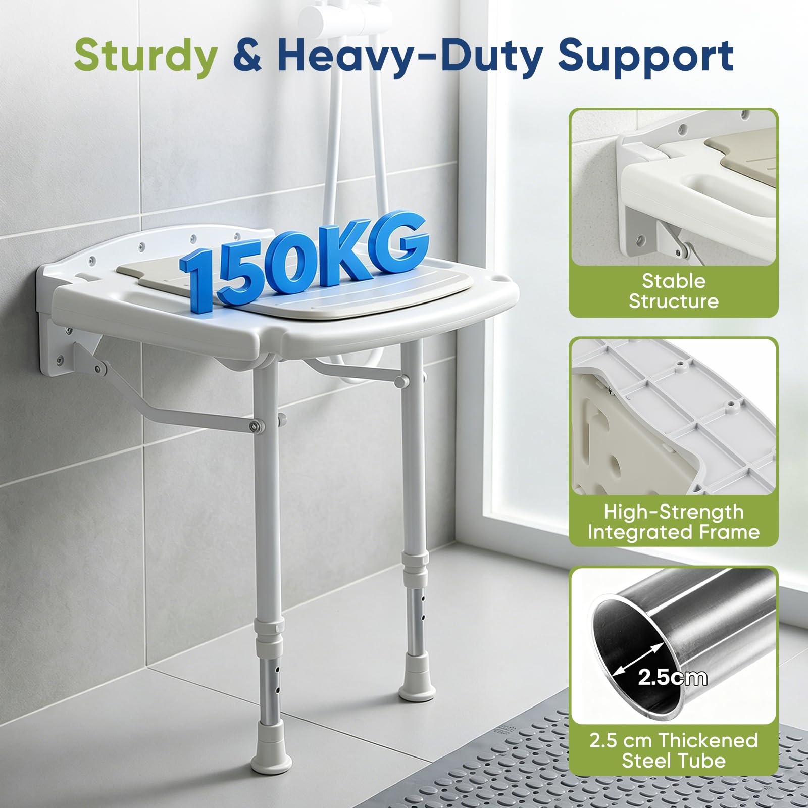 Asiento de ducha plegable montado en la pared, capacidad de 150 kg, 8 ajustes de altura preestablecidos, mango integrado oculto, soportes de ducha dobles integrados, banco de baño resistente