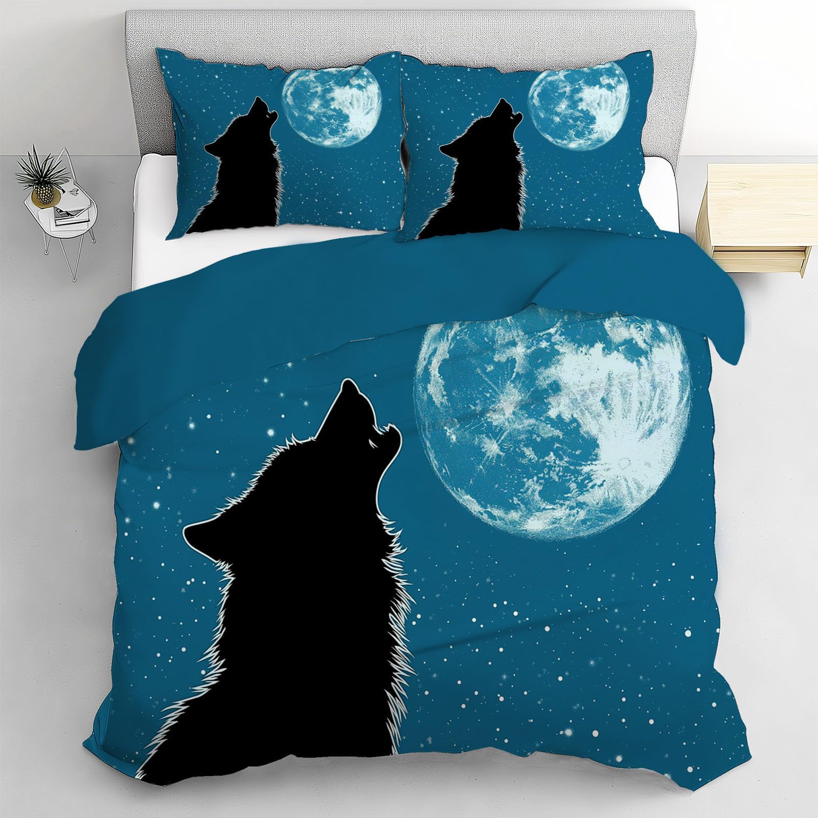 Housse de couette loup bohème cyan finie la corvée du lit grâce au zip intégré