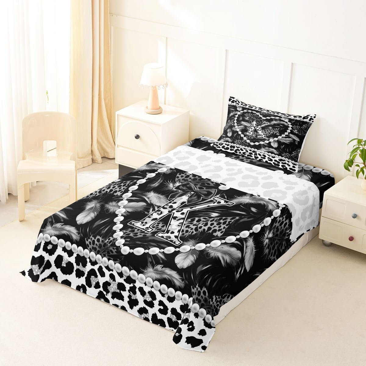 Erosebridal Personalized Black Bow Initial Letter K Sheet Set Aesthetic Feather Grey Leopard Print Twin Sheets Set for Toddler Boys,Glam Beaded Heart Coquette Pearl Y2K Monogram Fitted Sheet