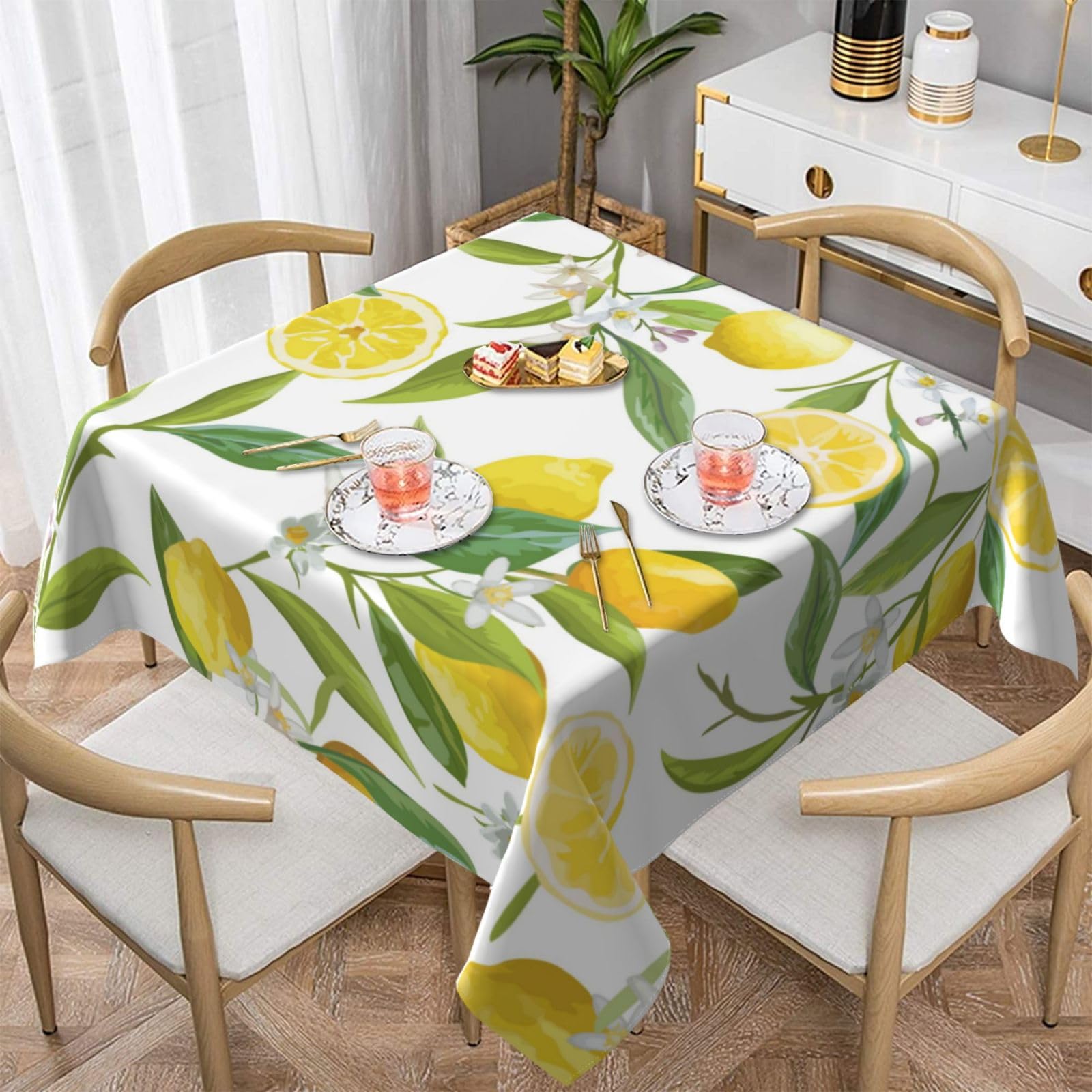 DCEHGEW Fresh Tropical Lemons Prints Square Tablecloth 137x137 CM, Waterproof Fabric Table Cloth for Dining Table, Farmhouse Table Cover for Kitchen Dining Tabletop Decoration