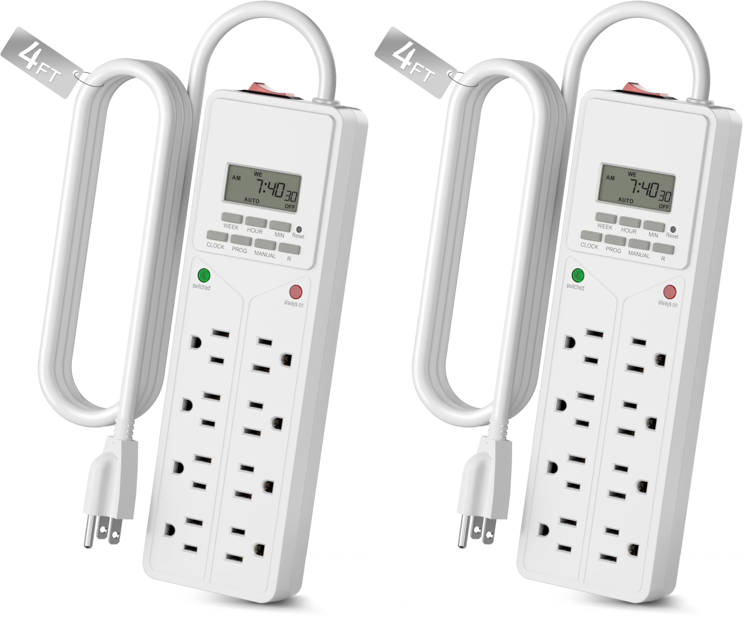BN-LINK 8 Outlet Surge Protector with 7-Day Digital Timer (4 Outlets Timed, 4 Outlets Always On) - White (Pack of 2)