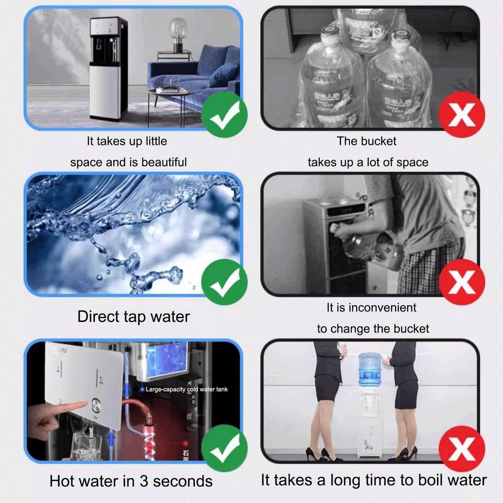 Dispensador de Agua Independiente con alimentación de Red Enfriador de Agua de Doble función con Hielo y Agua Caliente con divisiones extraíbles y Armario de Almacenamiento Dispensadores de Agua pie