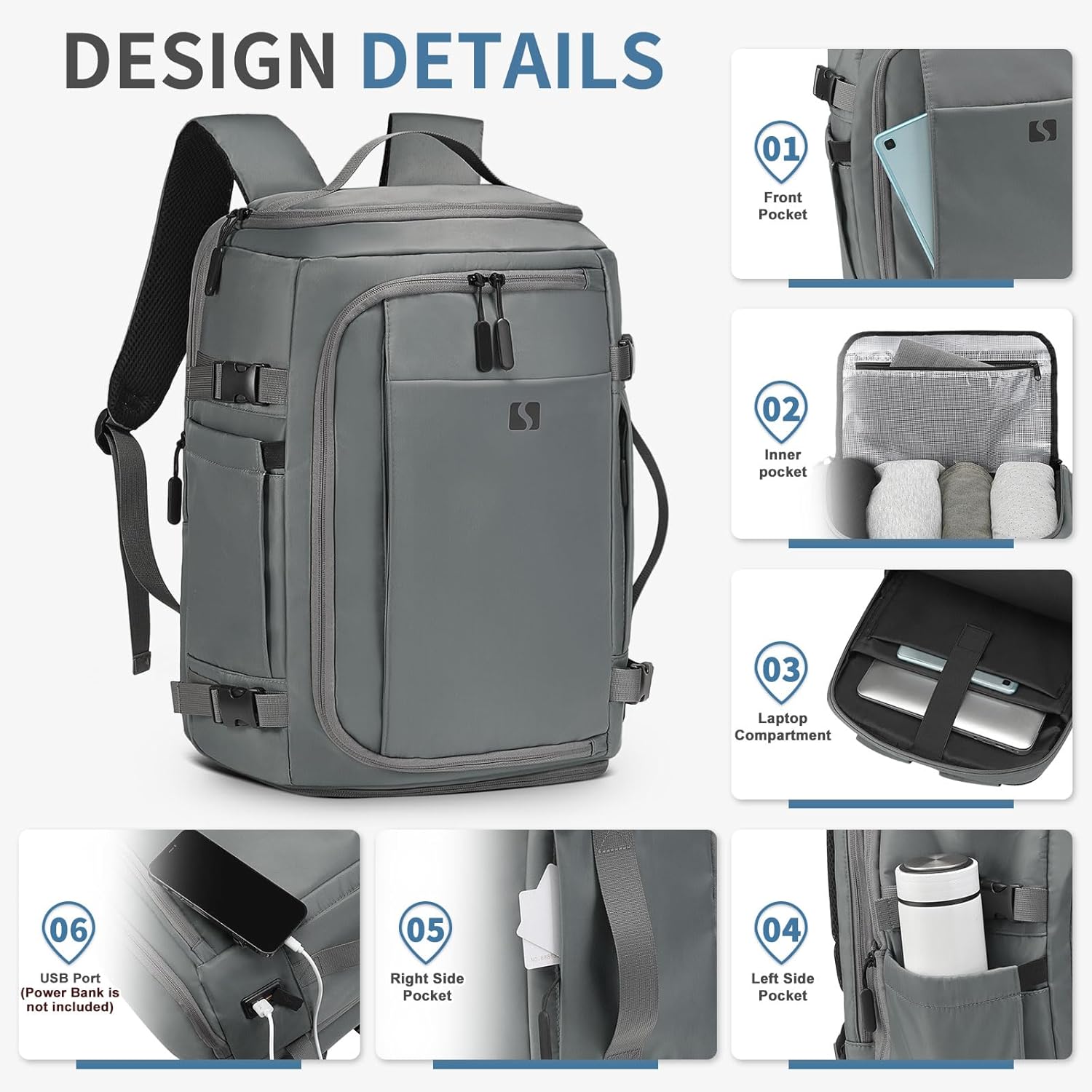 35L Travel Backpack 17" Laptop Backpack W/USB-C Port, Expandable Carry-On Bag, TSA Flight Approved Water-Resistant for Business College, Grey