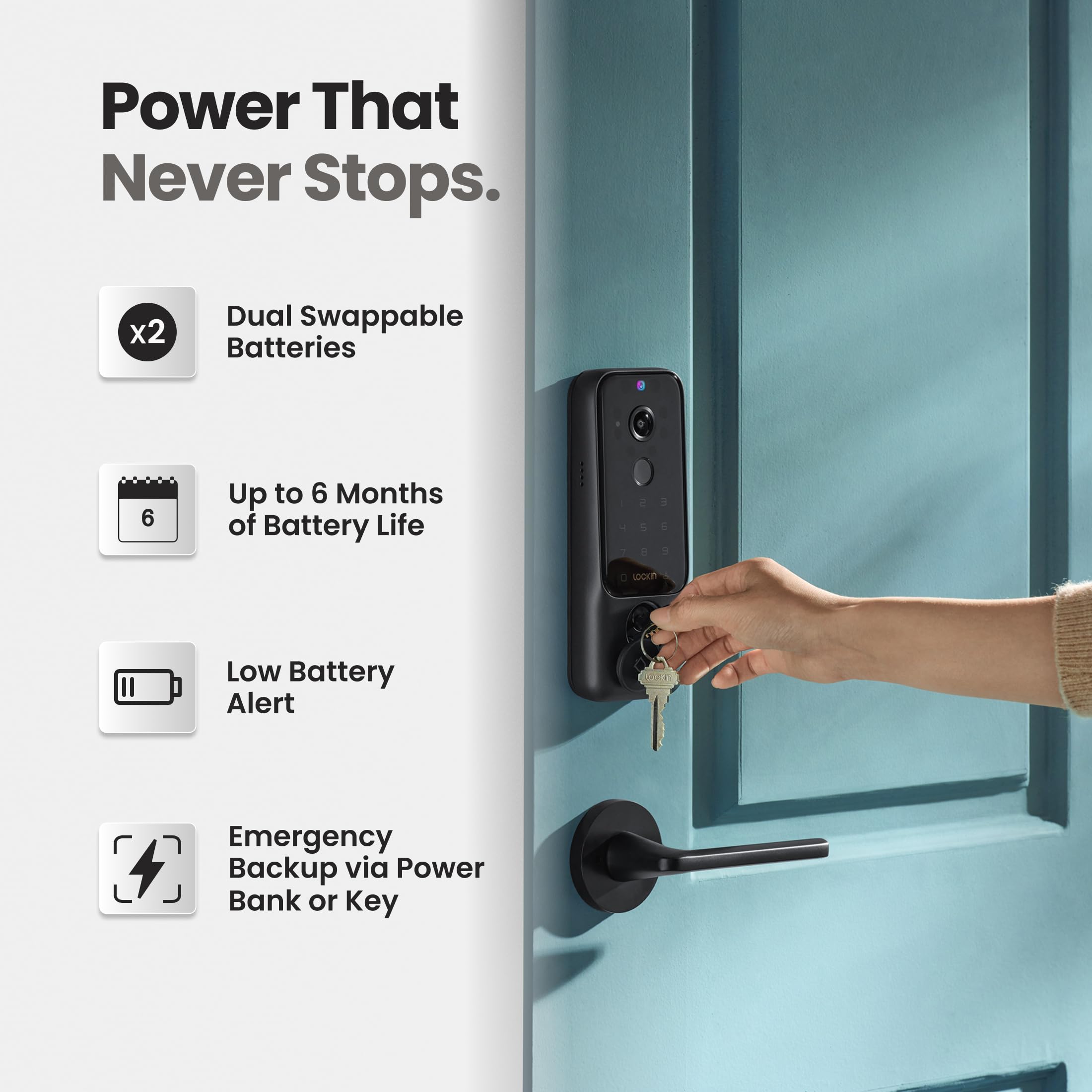 Venoris Plus - All-in-One Smart Lock for Front Door - Palm Vein & Fingerprint Keyless Entry- 2K 180 Ultra-Wide Camera Night Vision Built-In WiFi & 8GB Storage- No Monthly Fee- Dual Batteries product thumbnail 6