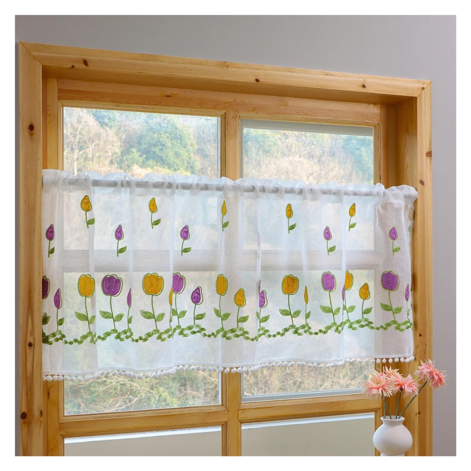 LNNXSZ Short Curtains Small Flower Embroidery Hairball Short Curtain Kitchen Living Room Cabinet Partition Tulle Curtains(150x60cm)