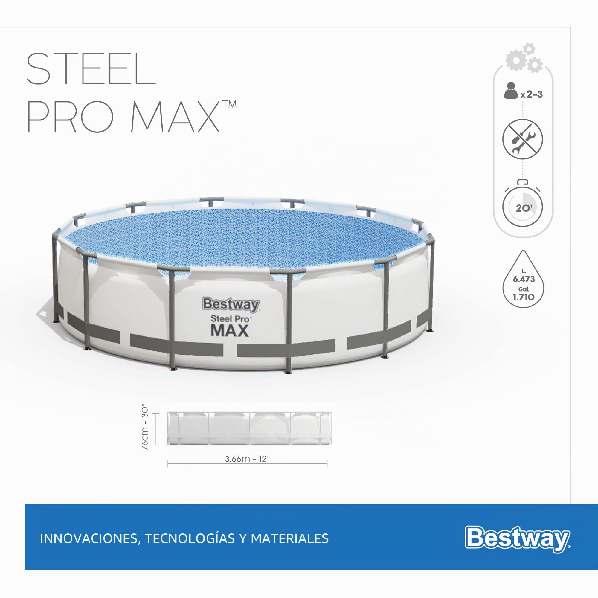 Bestway Steel Pro MAX Frame - Juego de Piscina con Bomba de Filtro (diámetro 366 x 76 cm), Color Gris Claro