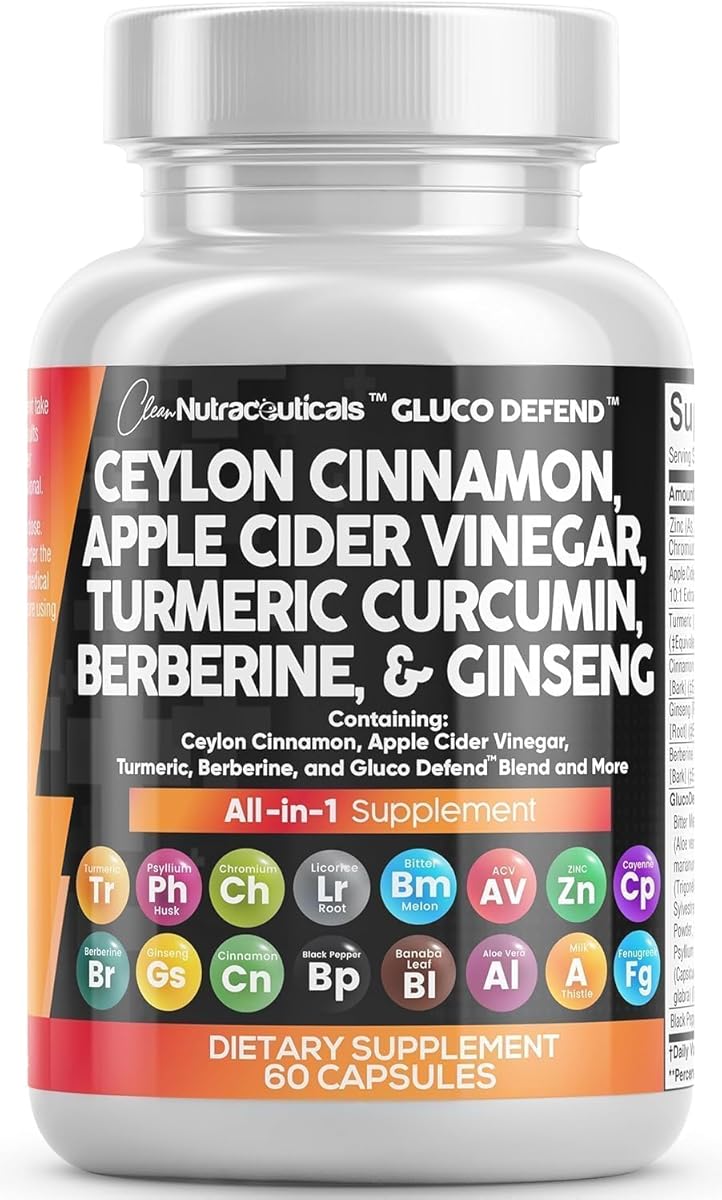 Clean Nutraceuticals Clean Nutraceuticals Ceylon Cinnamon Capsules + Berberine Turmeric Apple Cider Vinegar Ginseng Bitter Melon Gymnema Milk Thistle Fenugreek Supplement Pills Powder for Men & Women