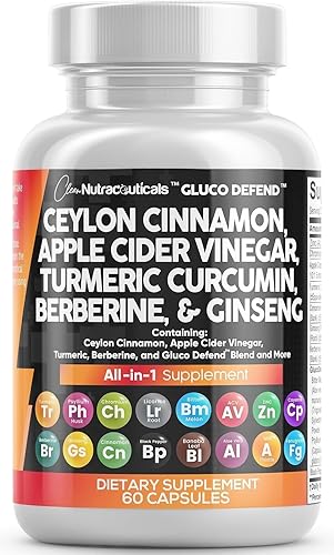 Clean Nutraceuticals Cápsulas de canela de Ceilán + Berberina Cúrcuma Vinagre de sidra de manzana Ginseng Melón amargo Gymnema Cardo mariano
