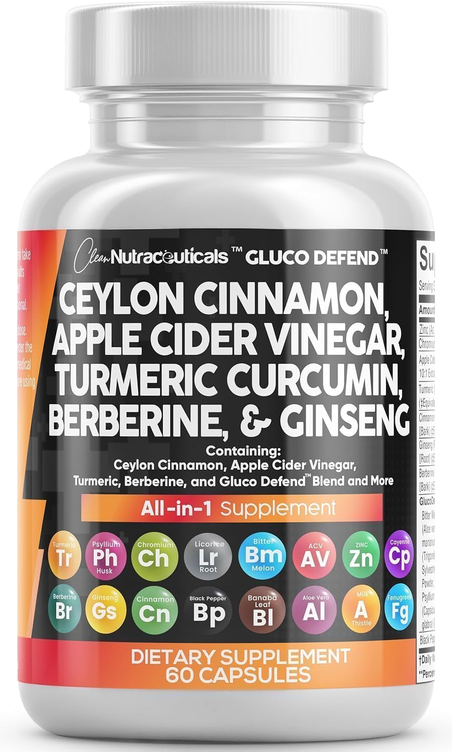 Clean Nutraceuticals Ceylon Cinnamon Capsules Berberine Turmeric Apple Cider Vinegar Ginseng Bitter Melon Gymnema Milk Thistle Fenugreek Supplement