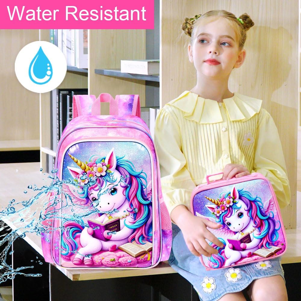 AGSDON 3PCS Read Unicorn Backpack for Girls, 16" Kids Backpacks for Girl Water Resistant Preschool, Elementary Bookbag with Lunch Box