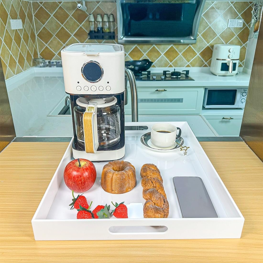 White Rectangular 16x20 Inches Acrylic Ottoman Tray Decorative Serving Tray with Cutout Handles Organizer Tray on Coffee Table Countertop Big Breakfast Bed Tray Living Room Appetizer Serving Food - Image 6