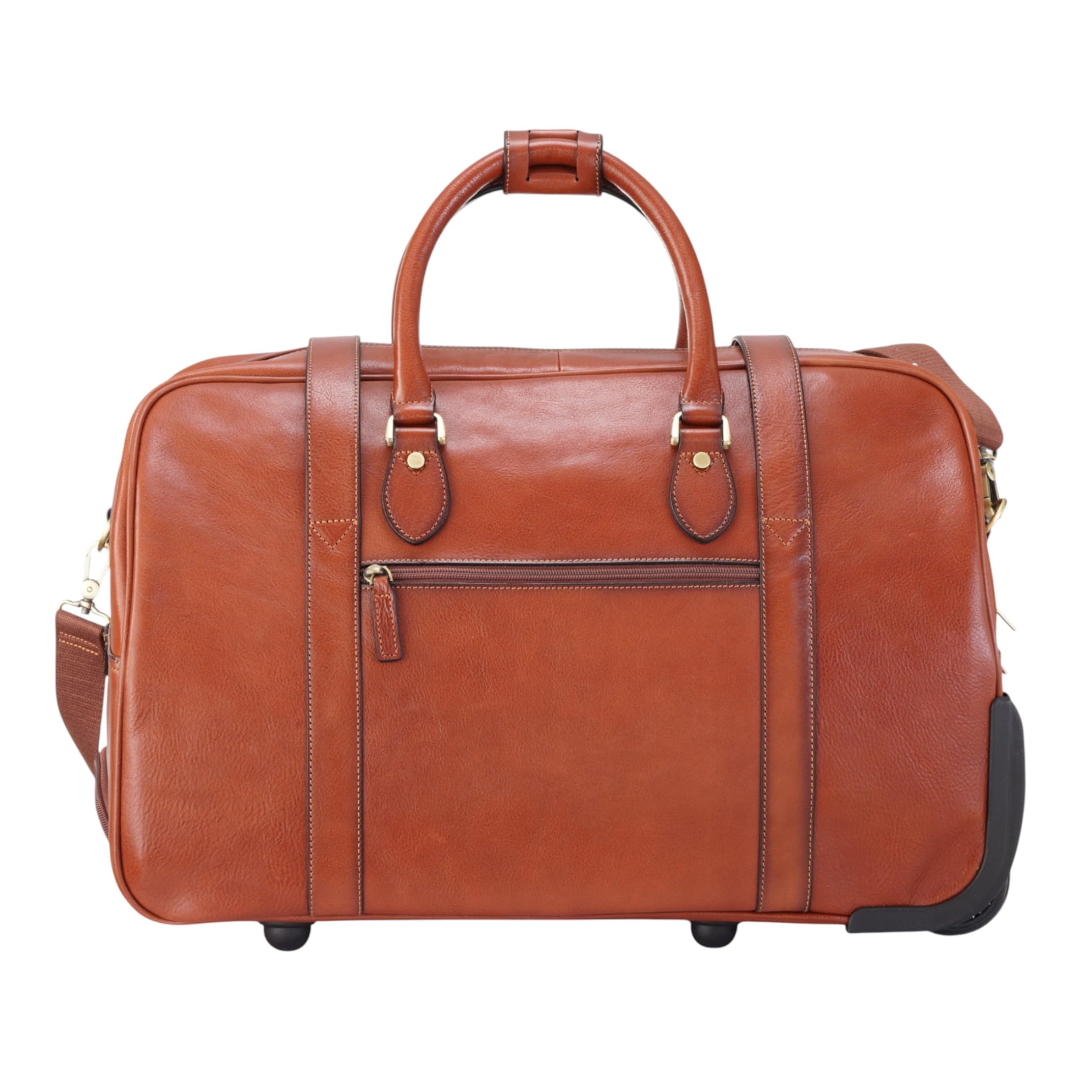 Reisetasche Mit Rollen aus Echtem Leder 43 l Vintage Reisetasche Für Herren Weekender Aus Rindsleder Mit Schultergurt, Messingbeschlägen und Nylonfutter