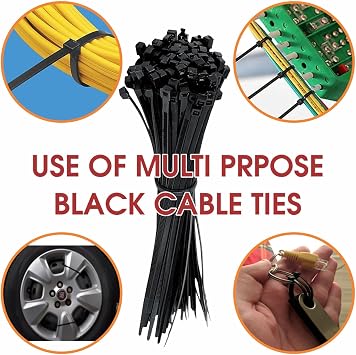 200Pcs Cable Ties Assortment -Mix Black Zip Ties Set with 4 Sizes (100/150/200/250mm) x 3.6mm Heavy Duty Nylon Cable Ties for Wire Management, Black Cables Ties Heavy Duty Zip Ties