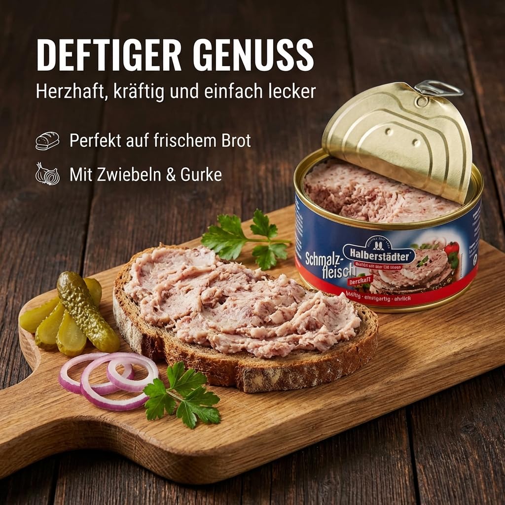 Halberstädter Schmalzfleisch herzhaft 300g – Würzig-zwiebeliger Brotaufstrich aus bestem Schweinefleisch – Traditionelle Fleischkonserve in der praktischen Ringdose