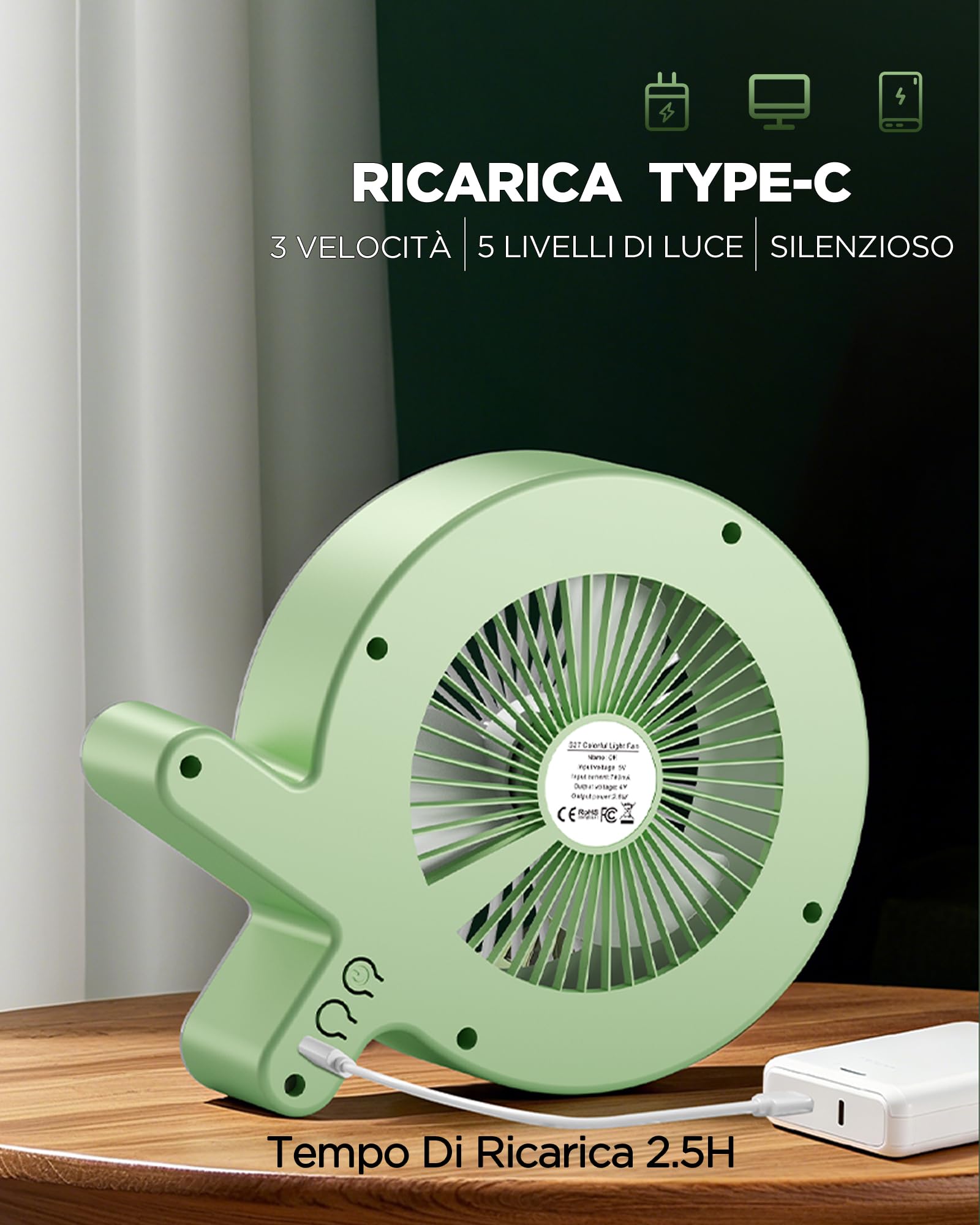 Ventilatore Da Tavolo 2-in-1 Con Luce Rgb E Batteria Ricaricabile Da 2000mAh, USB-C, 3 Velocità Del Vento E 5 Modalità Di Illuminazione, Portatile Per Casa, Ufficio, Campeggio E Camper (Crema Bianca)