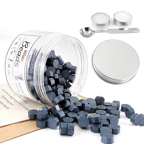Yoption - Cuentas de cera de sellado Darkishblue, 210 cuentas de sello de cera octágono con velas y cuchara de fusión para sello de cera