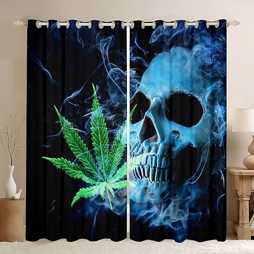 Cortinas de hojas de marihuana, decoración de huesos de calavera de cannabis, cortinas de ventana para dormitorio, sala de estar, niños, funda de