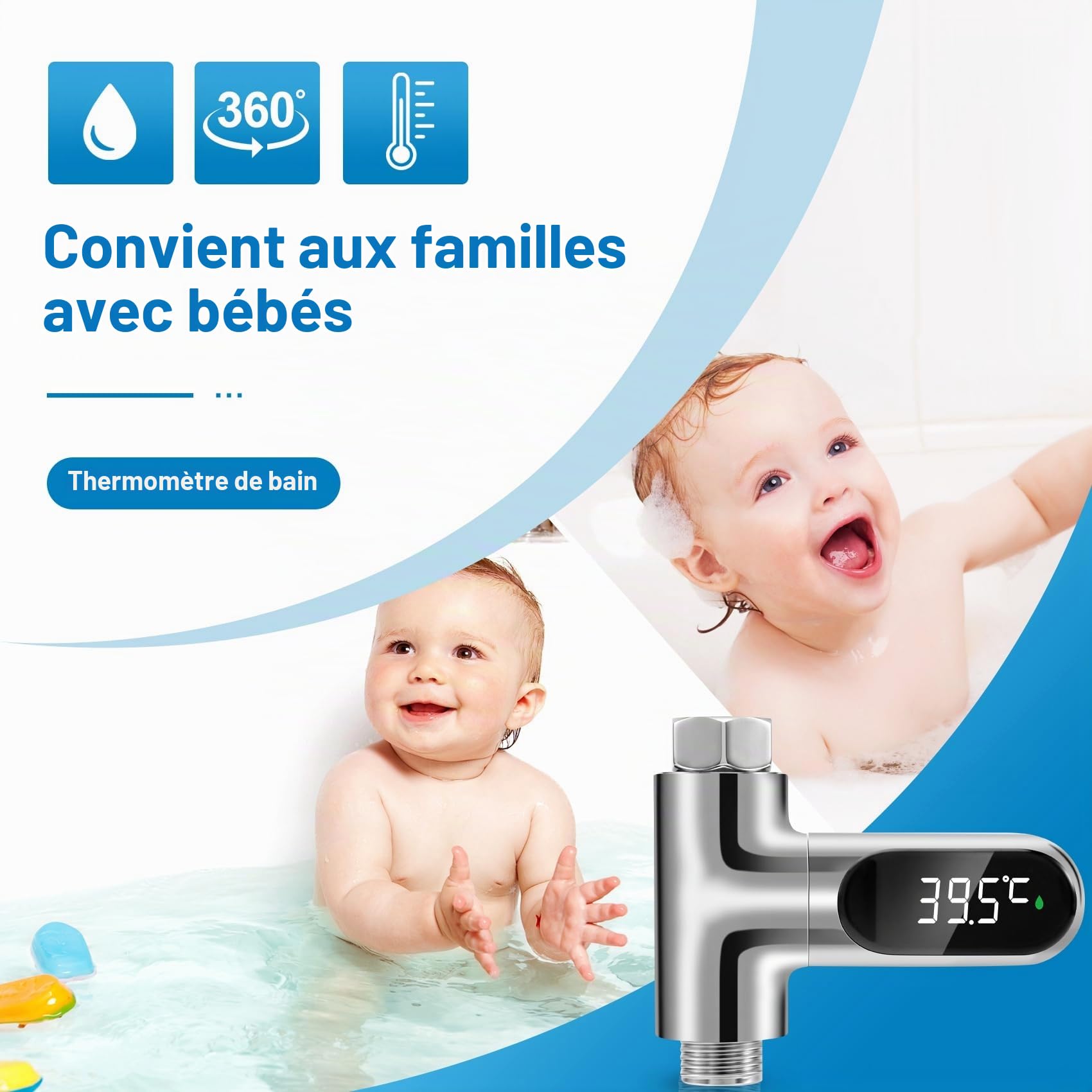 Thermomètre de bain pour - Affichage LED - Débit d' - Thermomètre de douche auto-générateur - Pour le soin de