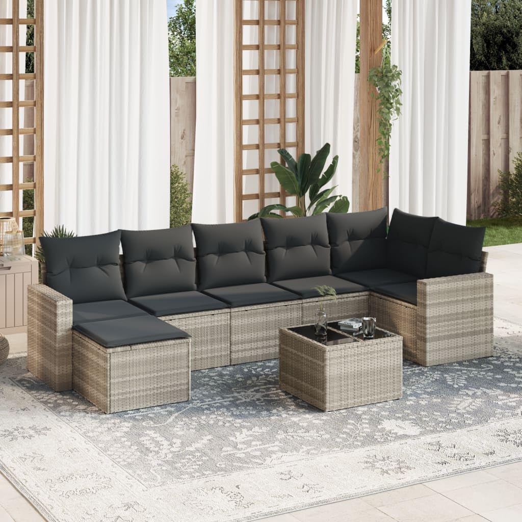 Set di 8 divani da giardino in polyrattan grigio chiaro, set modulare con cuscini e vano portaoggetti, mobili da terrazza per giardino e balcone, tavolo con piano in vetro