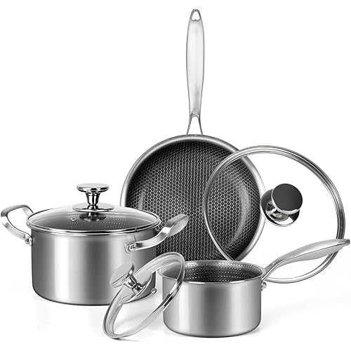 Stainless Steel Pots and Pans Set 6Pcs Nonstick Kitchen Cookware Sets Honeycomb Coatings Cooking Set W/Frying Pans & Saucepans&Stockpots,Works on Induction and Gas Cooktops