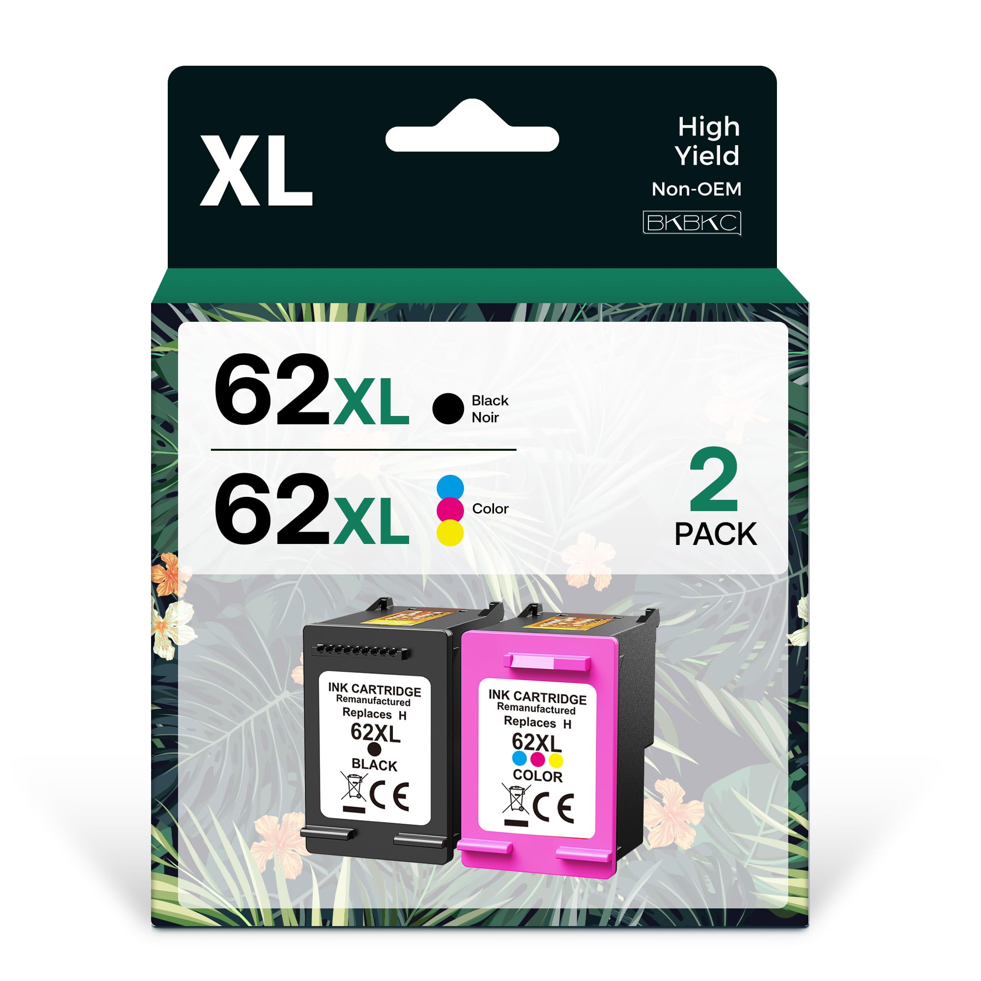 BKBKC Compatible 62XL Ink Cartridge Replacement for HP Envy 5540 5549 5640 5660 7640 OfficeJet Mobile 250 200 OfficeJet 5740 5741 8040, Black, Tri-color, 2-Pack