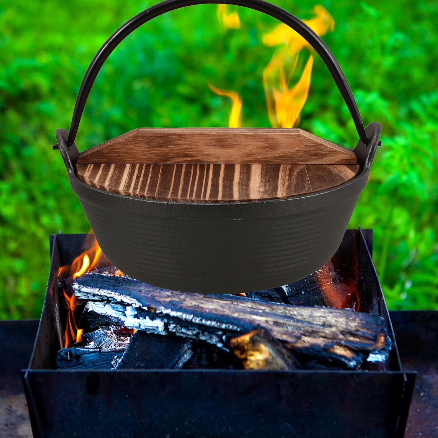 POPETPOP 1set Cast Iron Hanging Pot for Outdoor Cooking Heavy Duty Campfire Cookware High Temperature Camping Gear for Broths Stews and Roasts