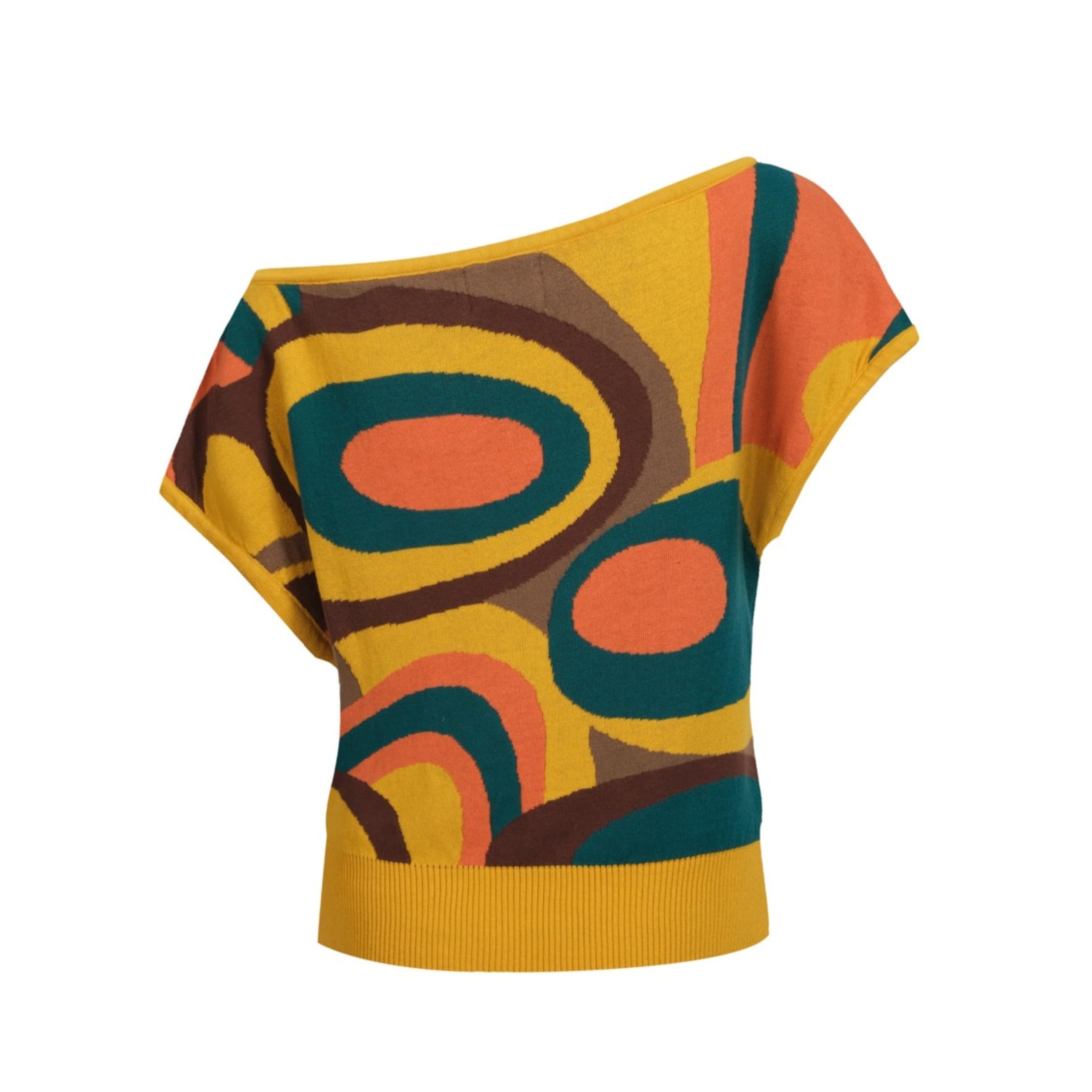 OXKNIT Schulterfreies Oberteil Damen Gestrickt Vintage Geometrische Jacquard Baumwolle Freizeit Gelb T-Shirt –Kurze Version