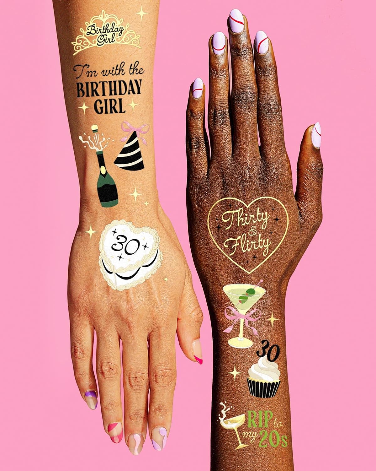 xo, Fetti 30th Birthday Temporary Tattoos - 50 Gold Foil Pcs | Birthday Cocktail Accessory, Dirty Thirty Olive Party Favor, Cute RIP to My 20s Bday Activity