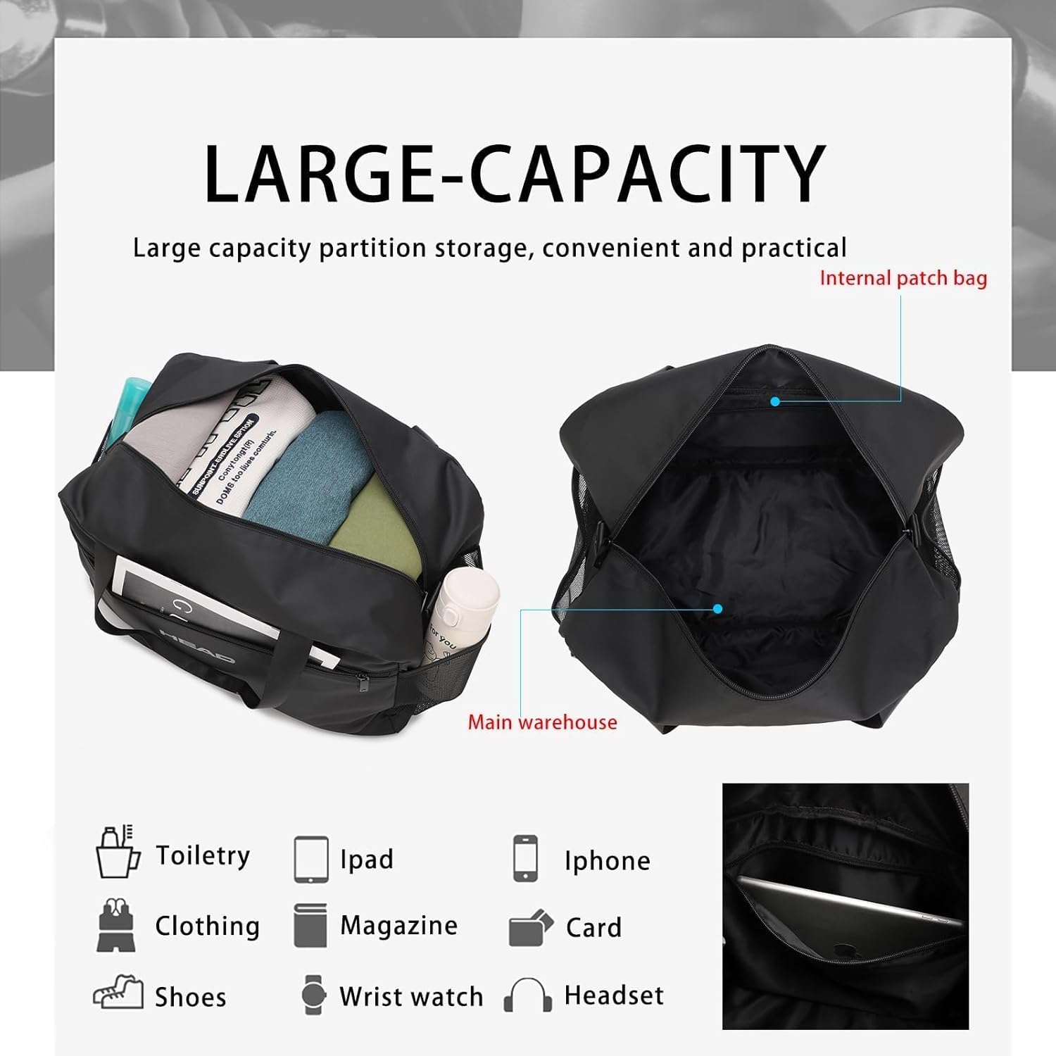 HEAD 40L Waterproof Travel Duffel Bag for Men, Large Sport Gym Bags for Fitness/Weekender Overnight, Lightweight Luggage Shoulder Bag for Business/Workout/Trip, Black - Image 5