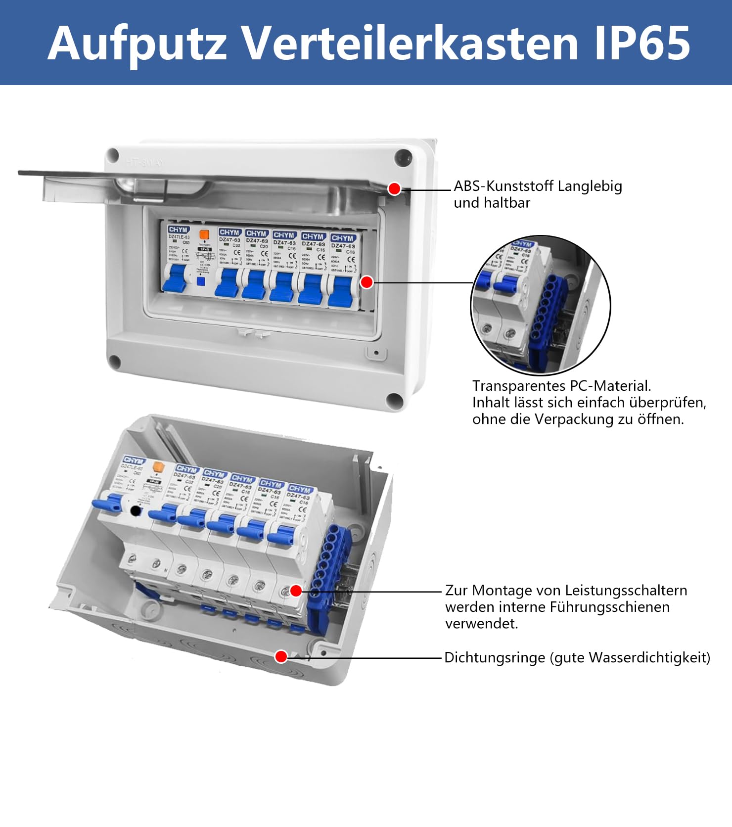 IP65 Caja de fusibles de superficie 63A AC con protección Fi subdistribución 33x16A+20A+32A