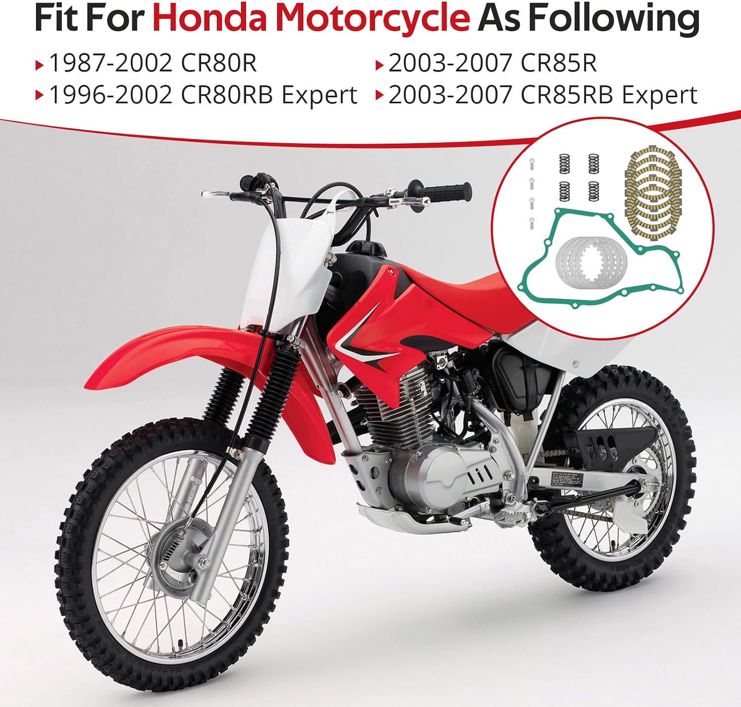 JAVIK Clutch Friction Steel Plates Kit Gasket Spring For Honda CR80R 1987-2002 CR80RB Expert 1996-2002 CR85R 2003-2007 CR85RB Expert 2003-2007 O.E.M# 22201-MR8-000 22311-KN4-680