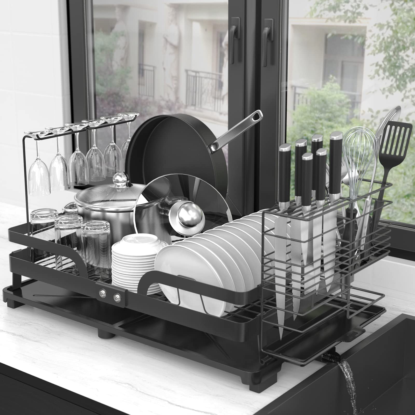 Photo 1 of **USED/POSSIBLE MISSING HARDWARE** Kitsure Dish Drying Rack, Rustproof Dish Rack with Large Capacity for Dishes, Pans, Glasses & Cutlery, Foldable & Compact Dish Drainer with Easy Installation & Adjustable Water Outlet