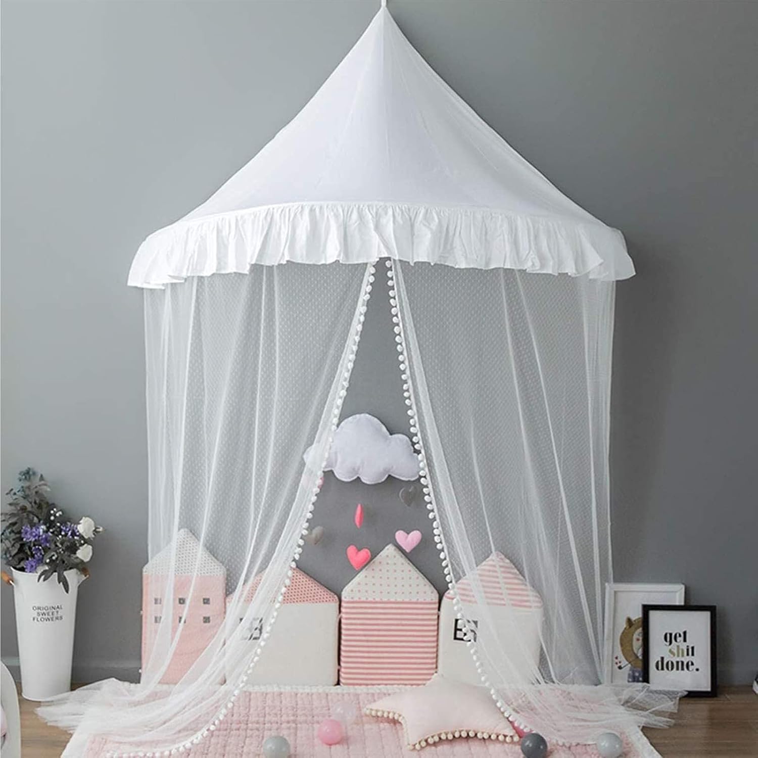 Princess Bed Canopy with Triangle Lace, Round Dome Curtains for Kids Room, Reading Nook Tent, Decorative Play Tent with Stars, Soft & Breathable(White,1.1m)
