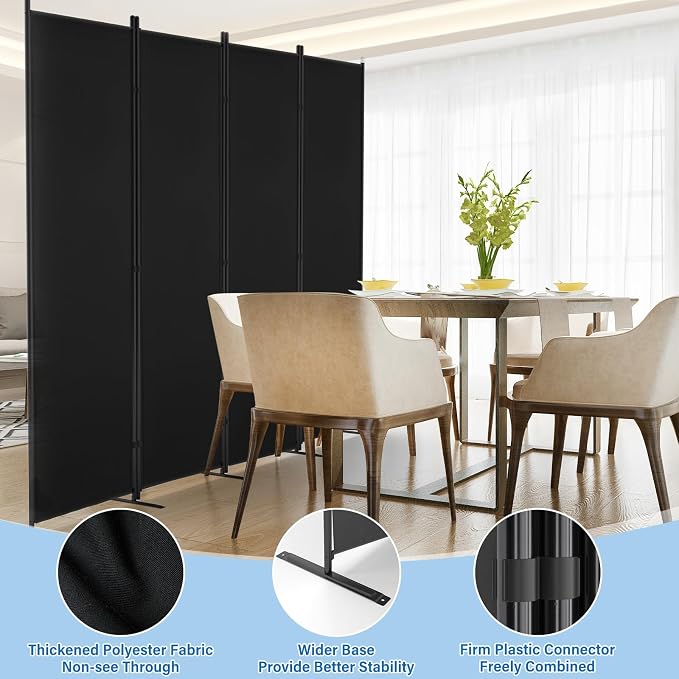 AKTOP Biombo de 4 Paneles, 88" de Ancho x 70.5" de Alto, Pantalla de Privacidad Plegable de Tela Negra | Separador de Ambiente Portátil para Dormitorio y Oficina miniatura 5
