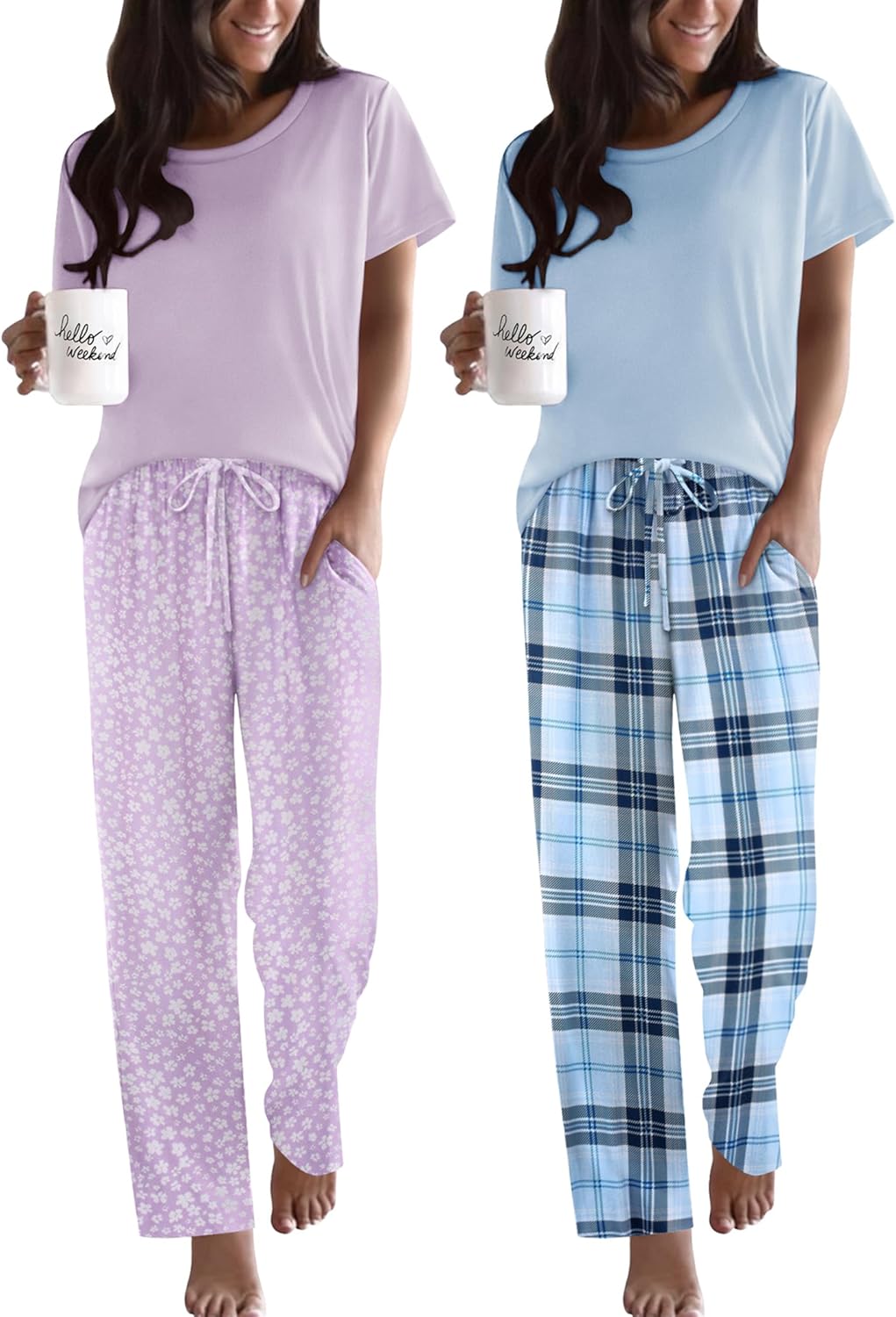 Ekouaer 2 Pack Pajamas for Women Set Short Sleeve Sleepwear Top and Pants Pjs Soft Printed Lounge Sets with Pockets