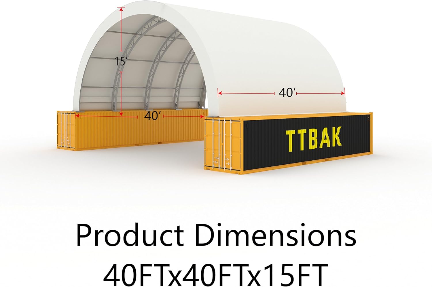 Product dimensions diagram showing 40 feet width, 40 feet length, and 15 feet height for the canopy.