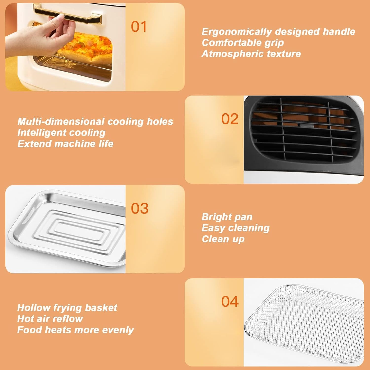 Yksityiskohtainen view of air fryer oven components: ergonomically designed handle, multi-dimensional cooling holes, bright pan, hollow frying basket